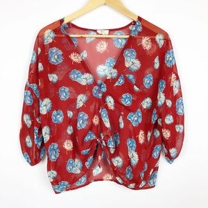 Pins And Needles Red Sheer Floral Top Size Small